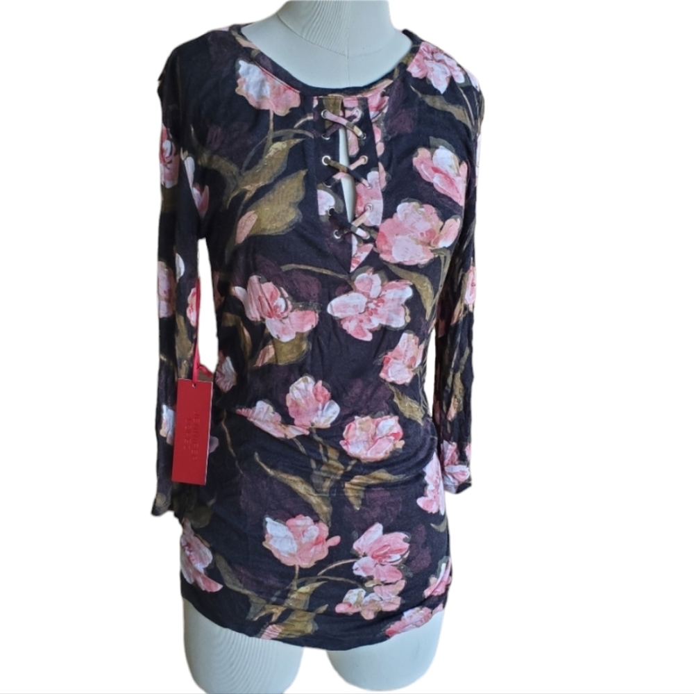 🔥 NWT Women's Jennifer Lopez Black & Pink Floral Lace Up Ruche